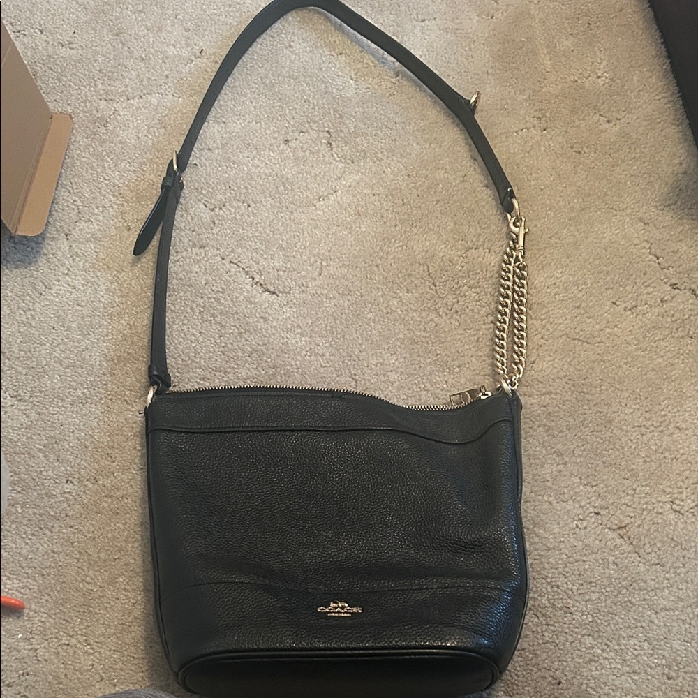 Coach Black Pebbled Leather Shoulder Bag with Gold Chain Accent